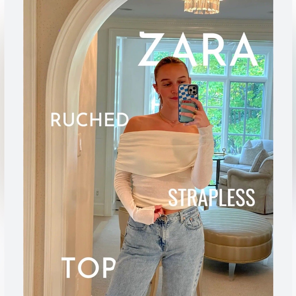Zara Bnwt Ss23 Ecru Strapless Top Off The Shoulder Gathered Details 5644